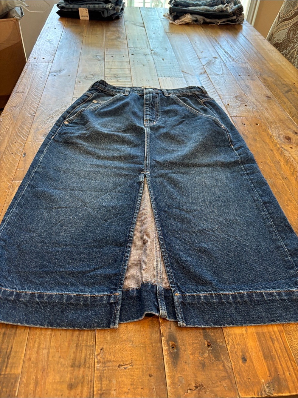 We The Free Dark Blue Straight Leg Jeans Skirt with Front Slit